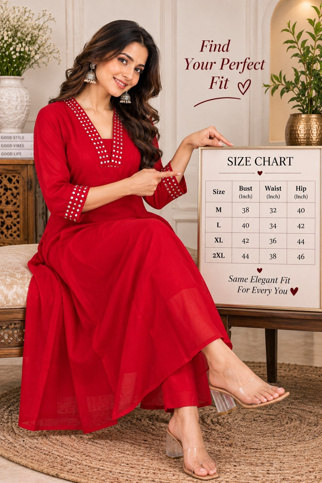 Red Anarkali kurta with matching straight-fit pants and embellished cuffs