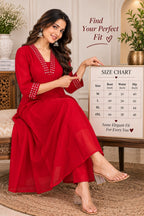 Red Anarkali kurta with matching straight-fit pants and embellished cuffs