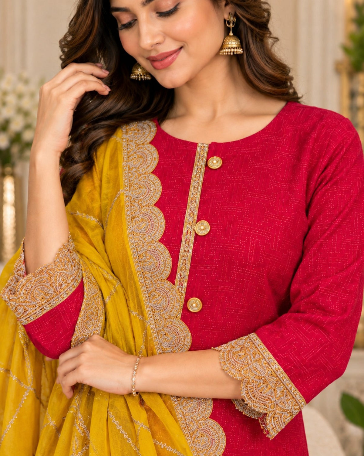 Pink and Mustard 3-Piece Suit Set for Women Back View