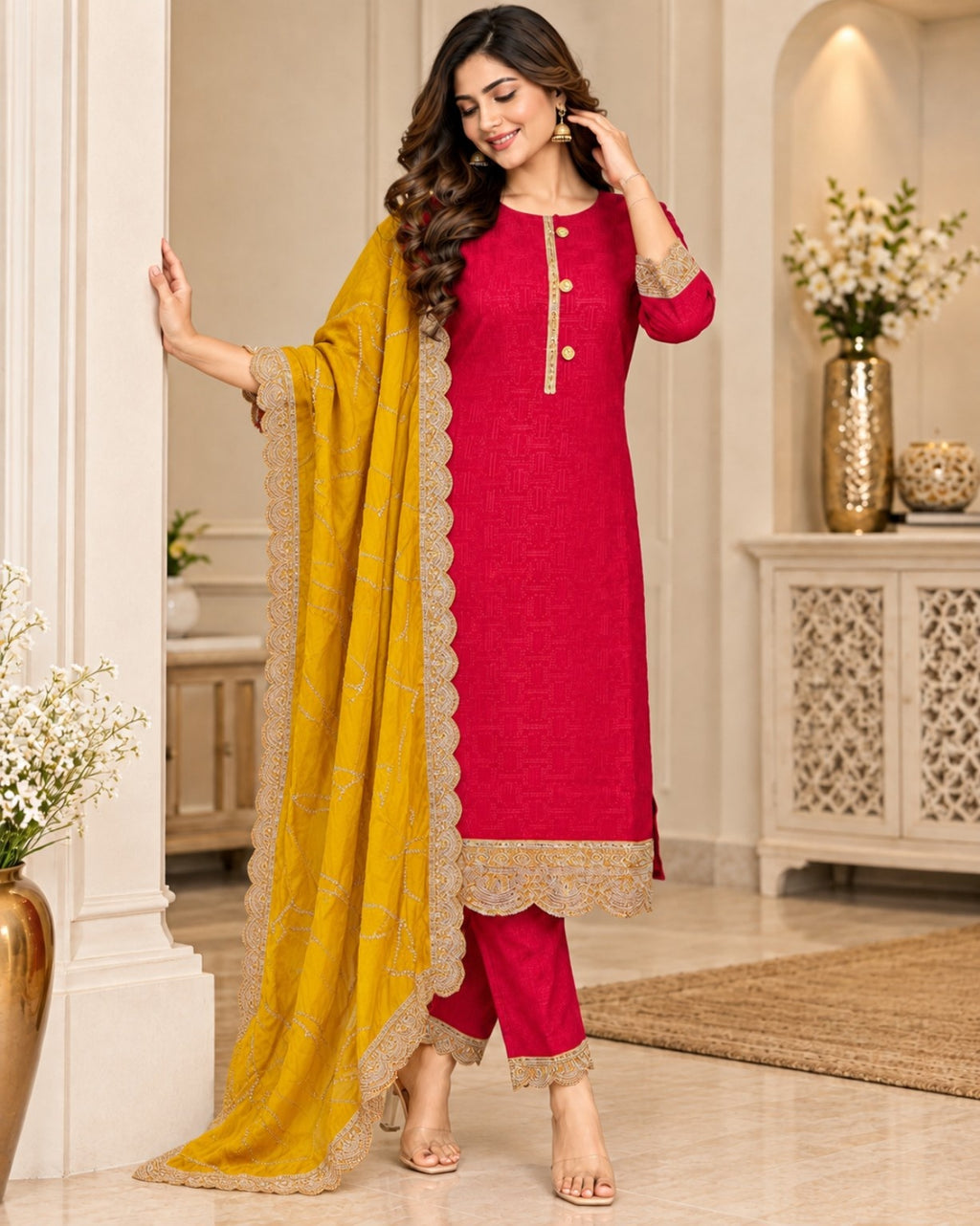Pink and Mustard 3-Piece Suit Set for Women with Embroidered Border