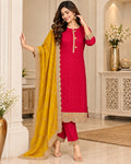 Pink and Mustard 3-Piece Suit Set for Women with Embroidered Border