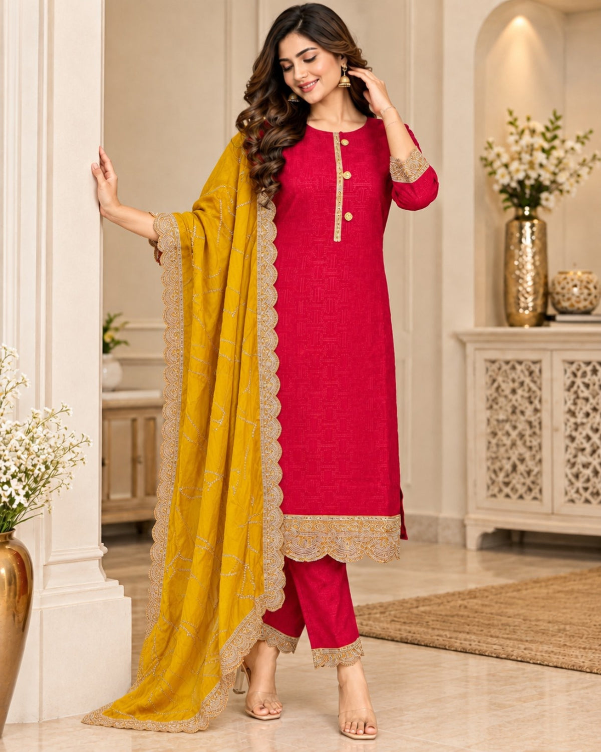 Pink and Mustard 3-Piece Suit Set for Women with Embroidered Border