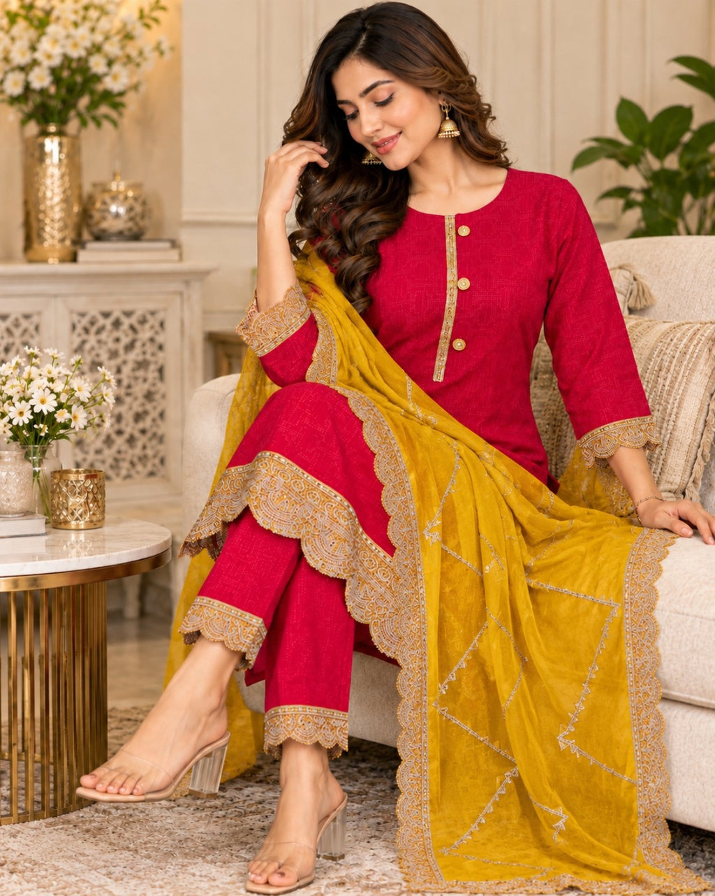Pink and Mustard 3-Piece Suit Set for Women Side View