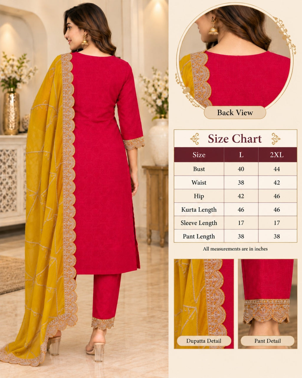 Pink and Mustard 3-Piece Suit Set for Women with Embroidered Dupatta and Lace Border