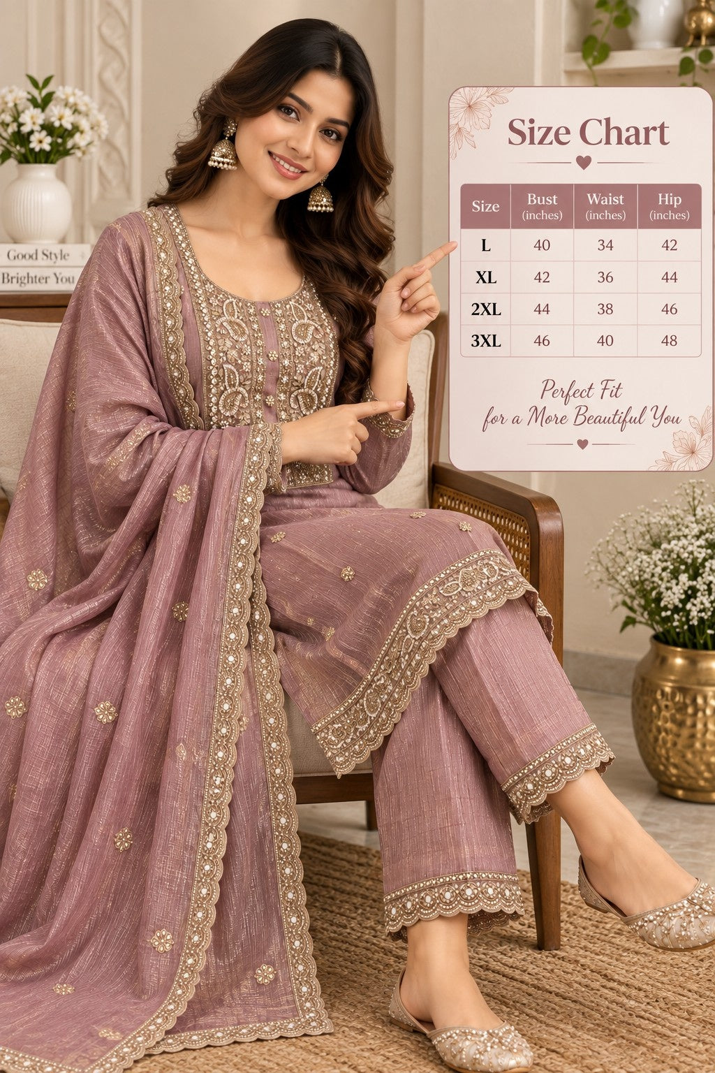 Dusty mauve 3-piece ethnic suit with embroidered kurta and pants