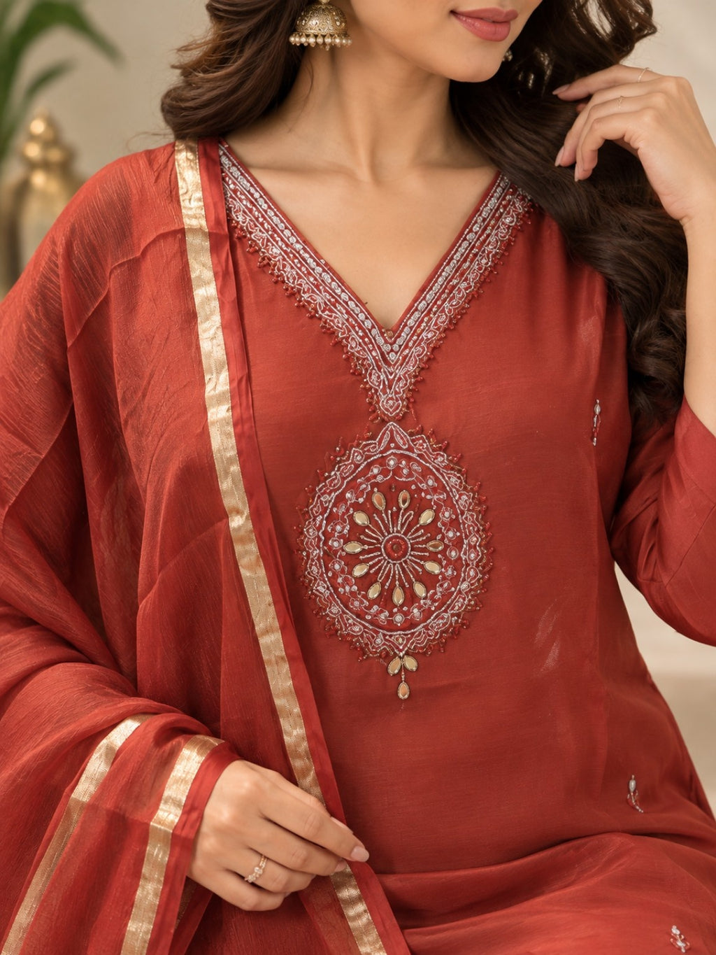 Rust red embroidered kurta pant set with golden border dupatta