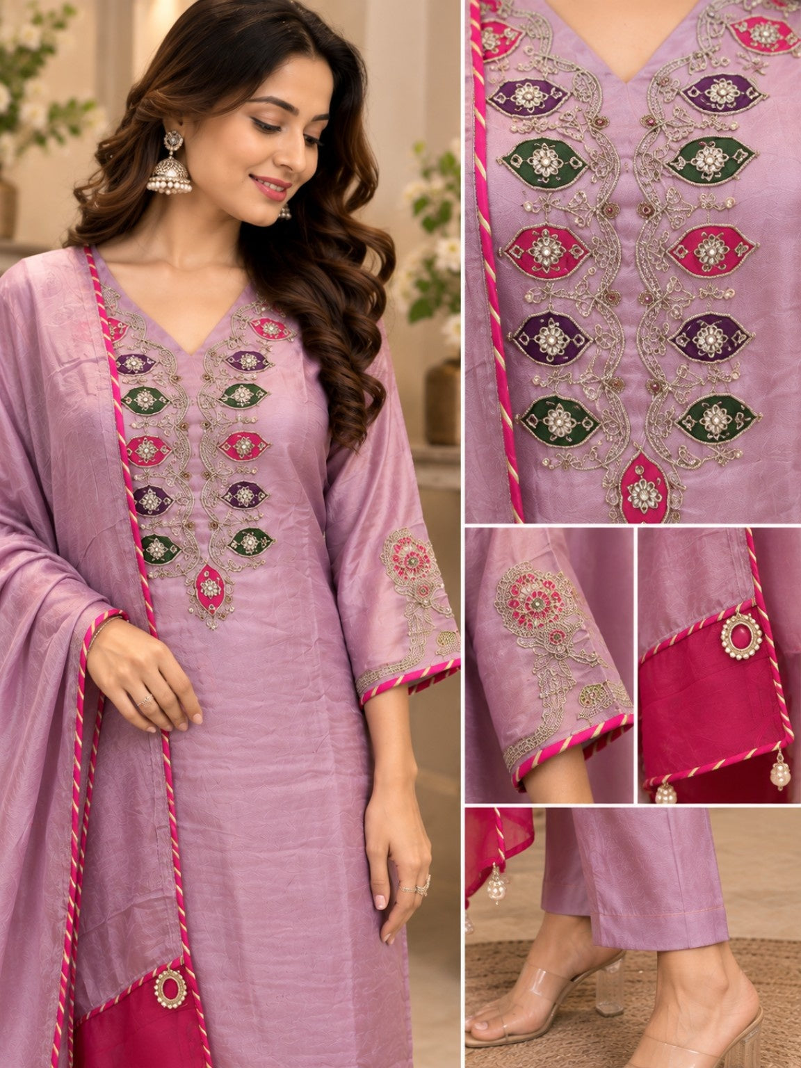Lavender straight kurta with multicolour embroidery and V-neck detailing