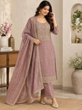 Dusty mauve embroidered 3-piece suit set with matching dupatta