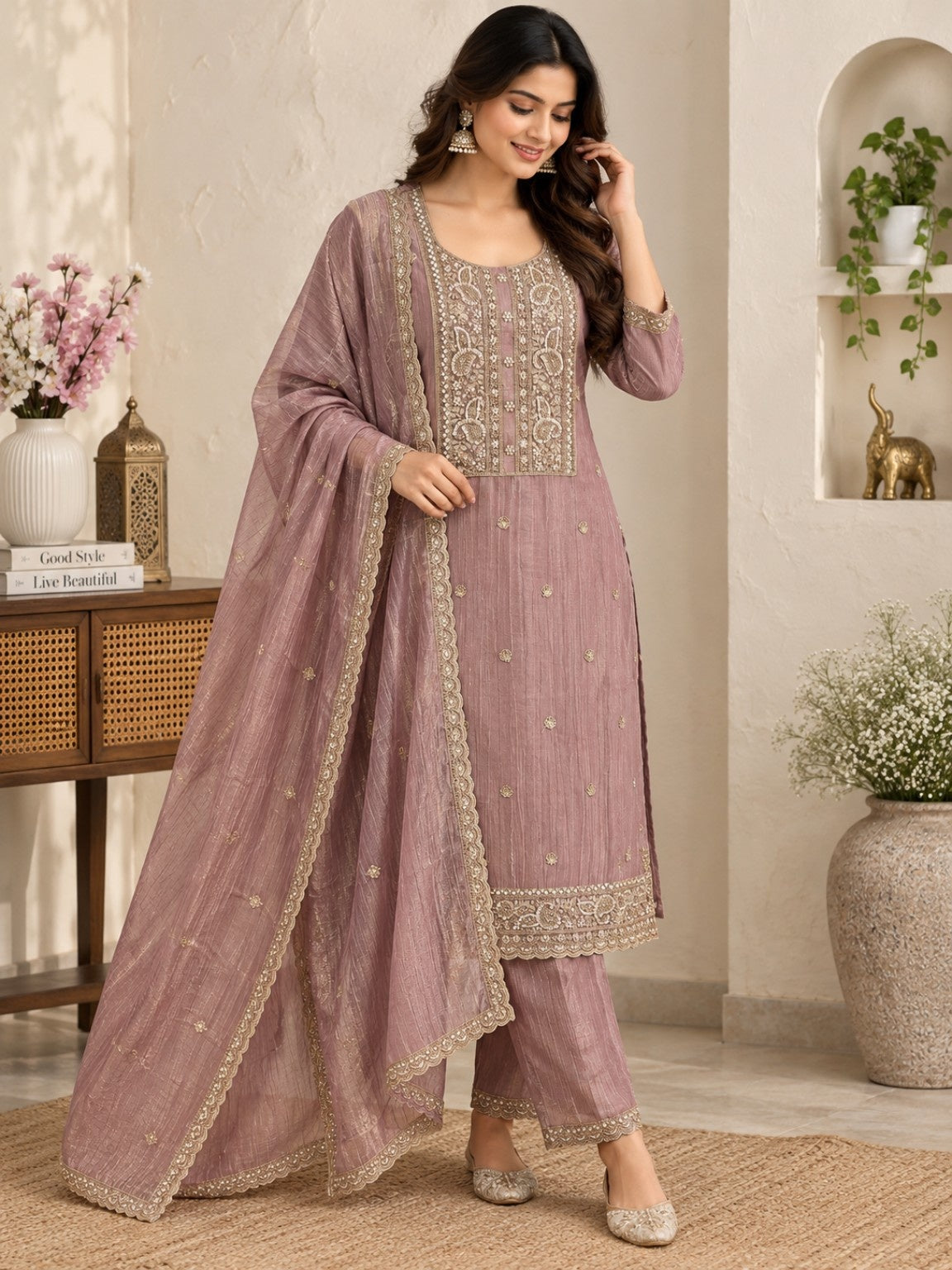 Dusty mauve embroidered 3-piece suit set with matching dupatta