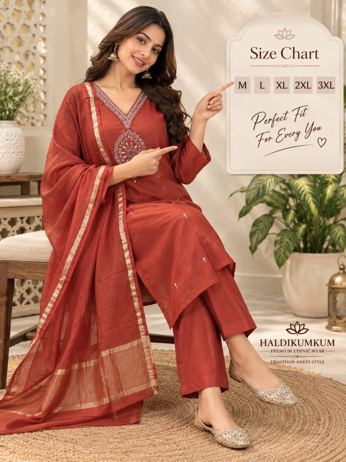 Rust red straight kurta with floral embroidery and golden border