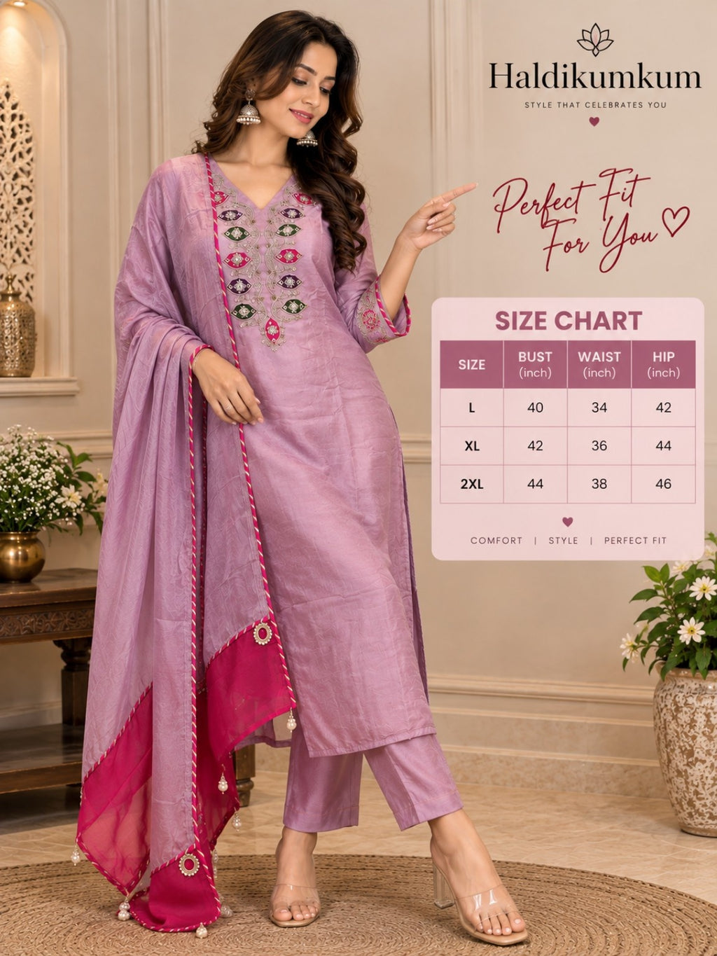 Lavender kurta pant dupatta set with embroidered sleeves and pink bordered dupatta