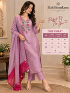 Lavender kurta pant dupatta set with embroidered sleeves and pink bordered dupatta