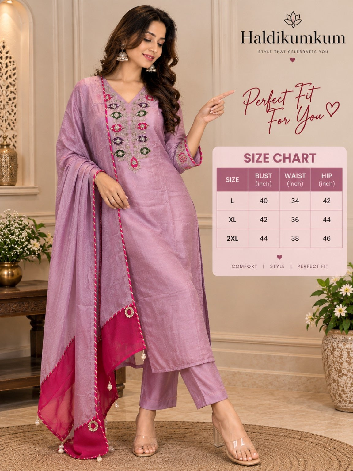 Lavender kurta pant dupatta set with embroidered sleeves and pink bordered dupatta