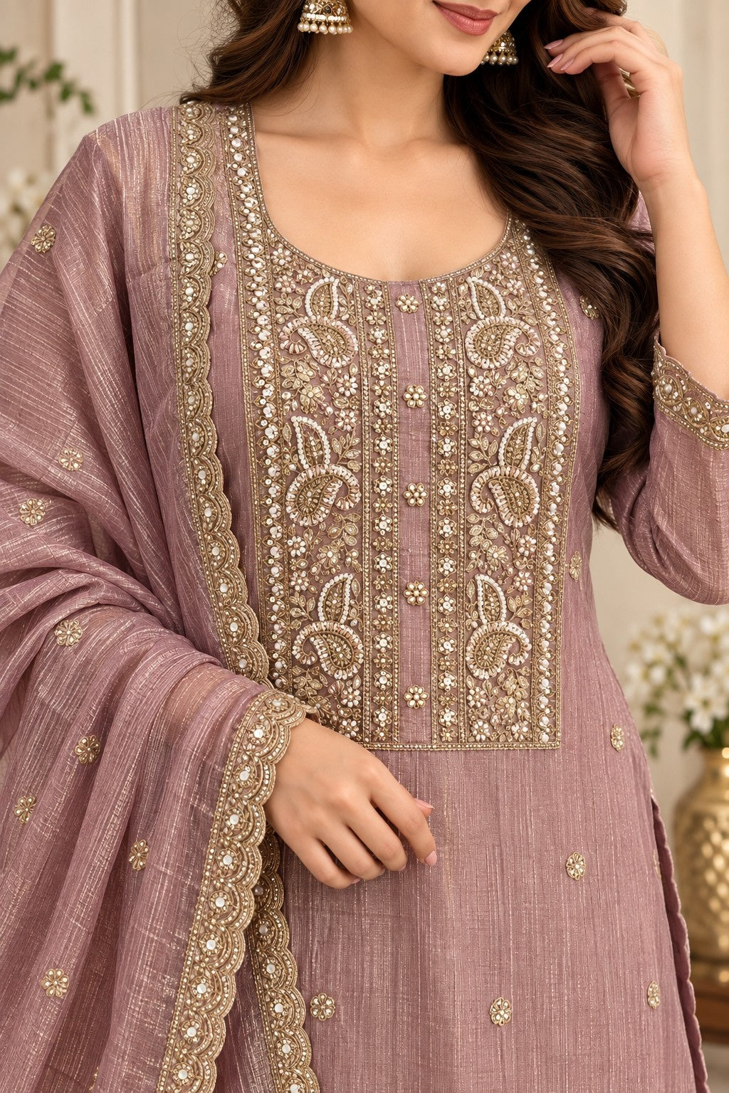 Dusty mauve straight kurta with golden floral and paisley embroidery