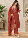 Rust red embroidered 3-piece suit set with matching dupatta