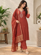 Rust red embroidered 3-piece suit set with matching dupatta