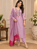 Lavender embroidered 3-piece kurta pant dupatta set with pink border