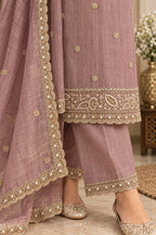 Dusty mauve embroidered kurta pant set with scalloped border dupatta
