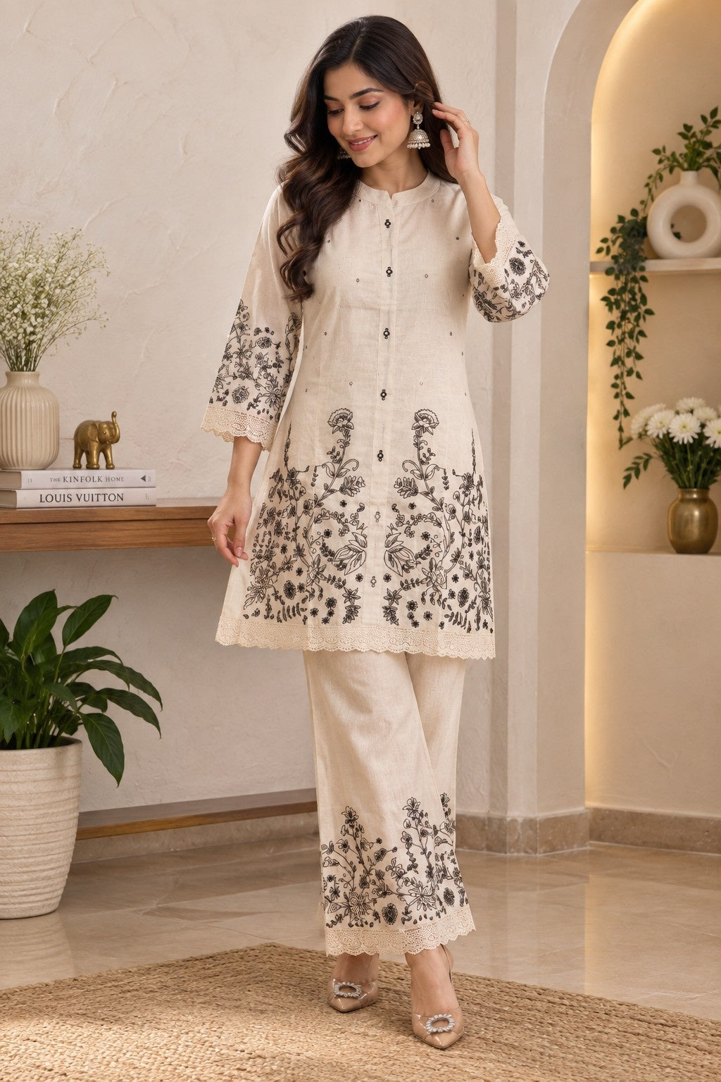 Ivory kurta with black floral print, mandarin collar and front button design