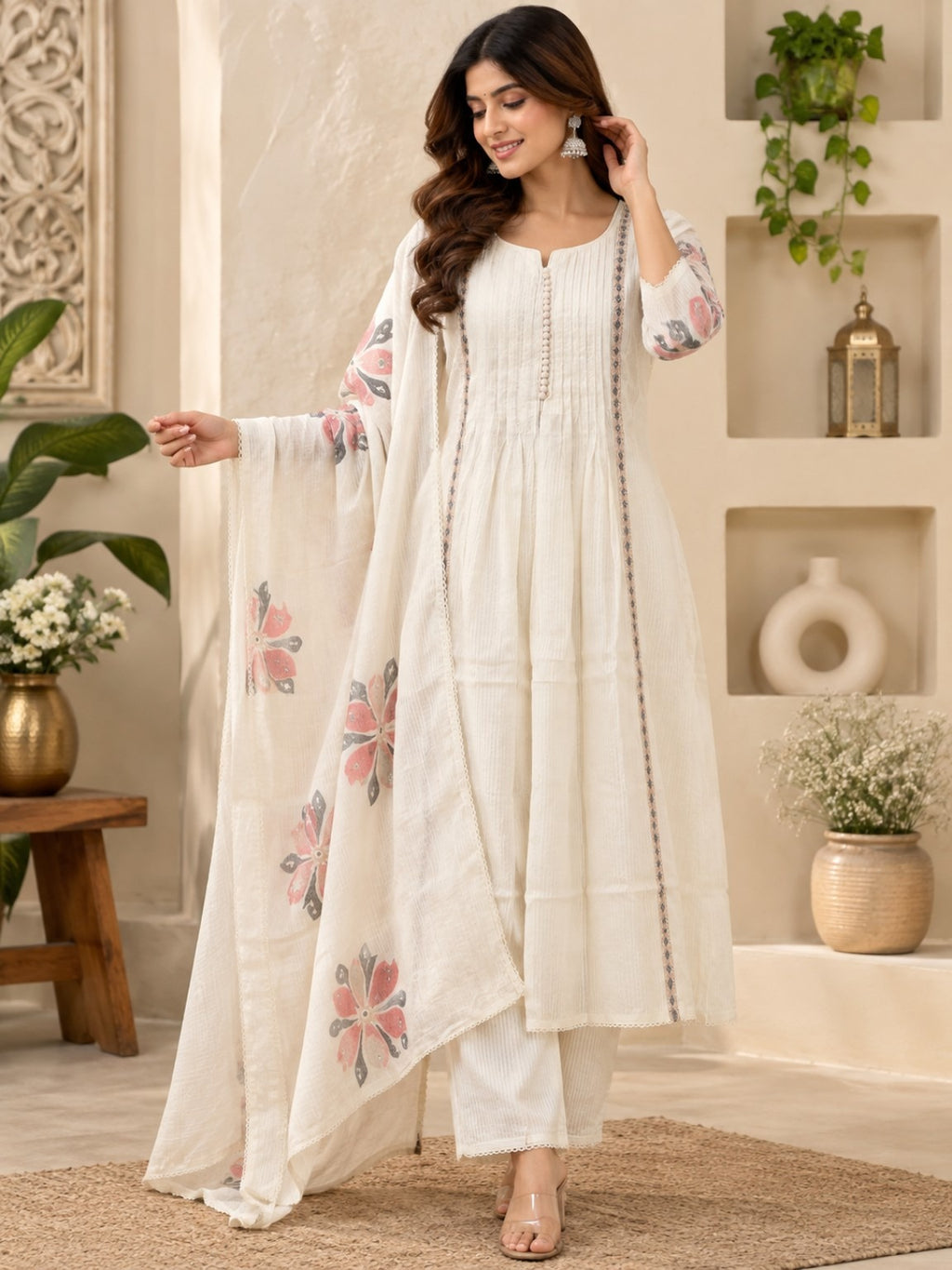 Ivory floral printed 3-piece suit set with peach and grey motifs