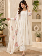 Ivory floral printed 3-piece suit set with peach and grey motifs