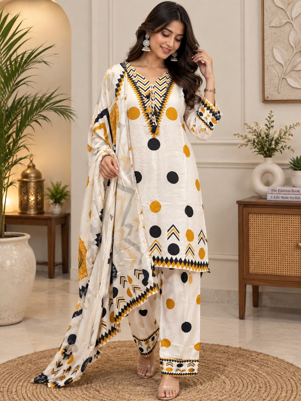 Off-white mustard and black geometric printed 3-piece suit set