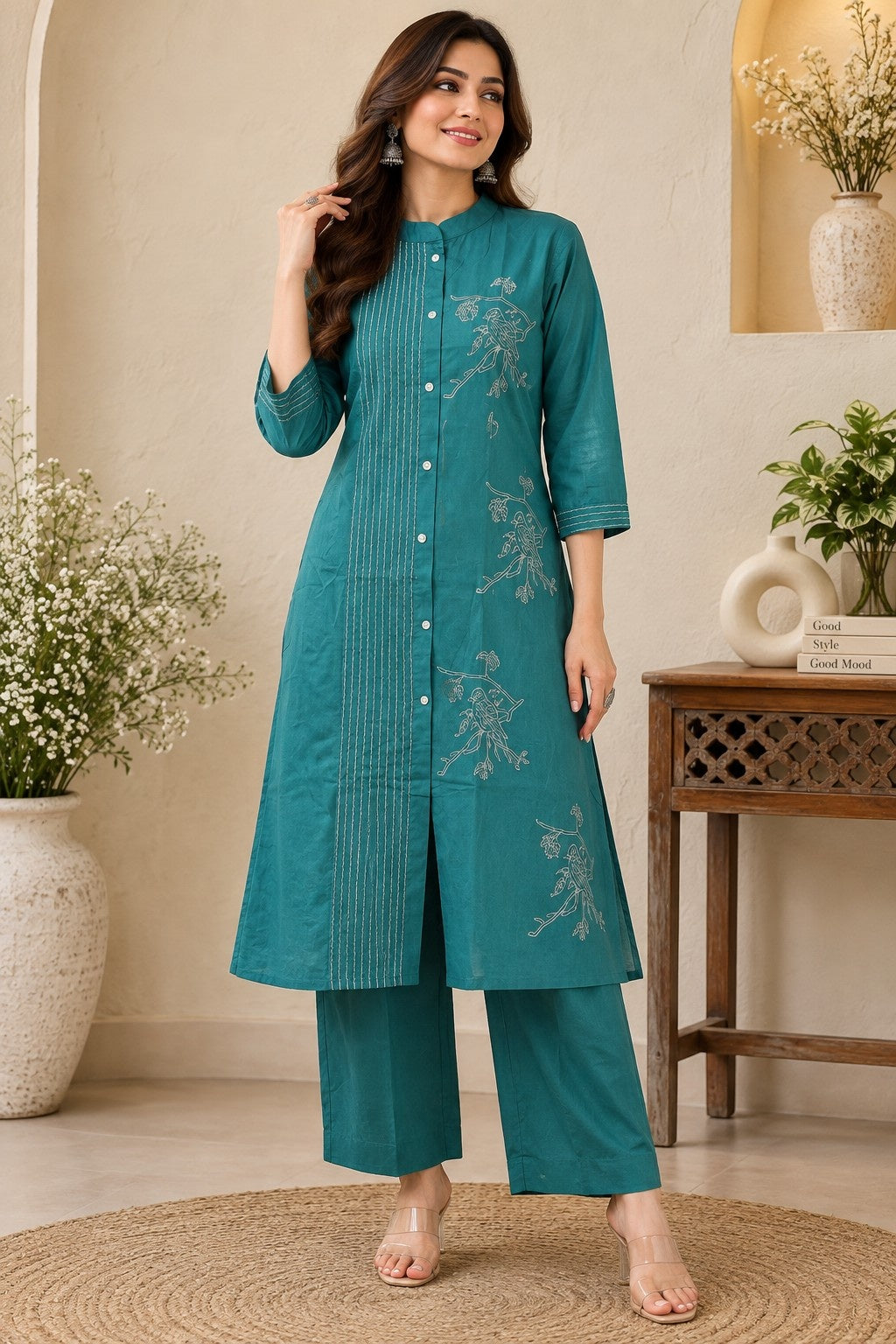 Teal green straight kurta with floral motifs and mandarin collar