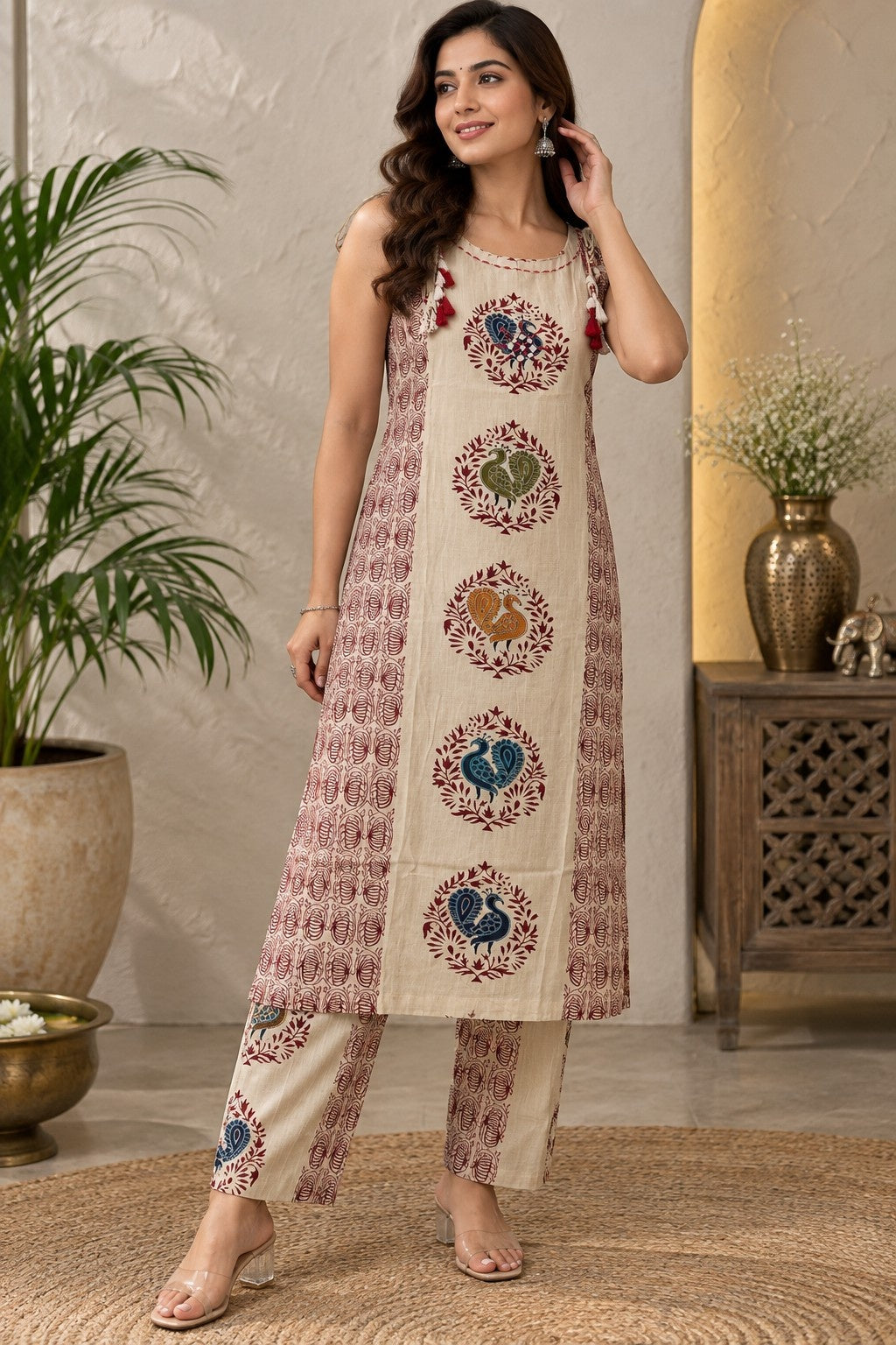 Beige printed sleeveless kurta pant set with multicolour floral motifs