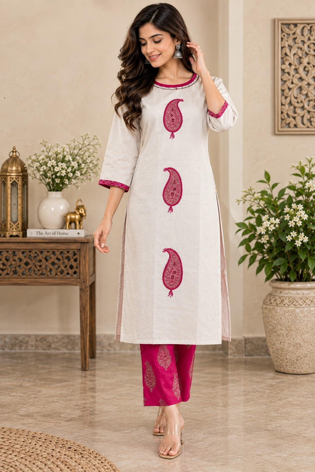 Off-white and pink paisley printed kurta pant set for women