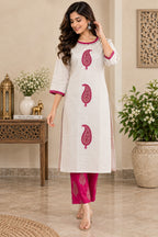 Off-white and pink paisley printed kurta pant set for women