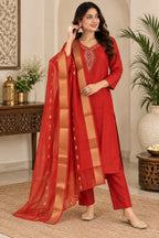Rich red embroidered kurta set with golden detailing and dupatta