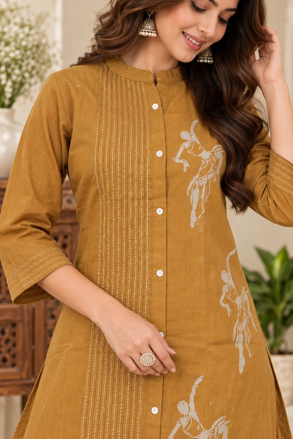 Mustard yellow straight kurta with white print and mandarin collar