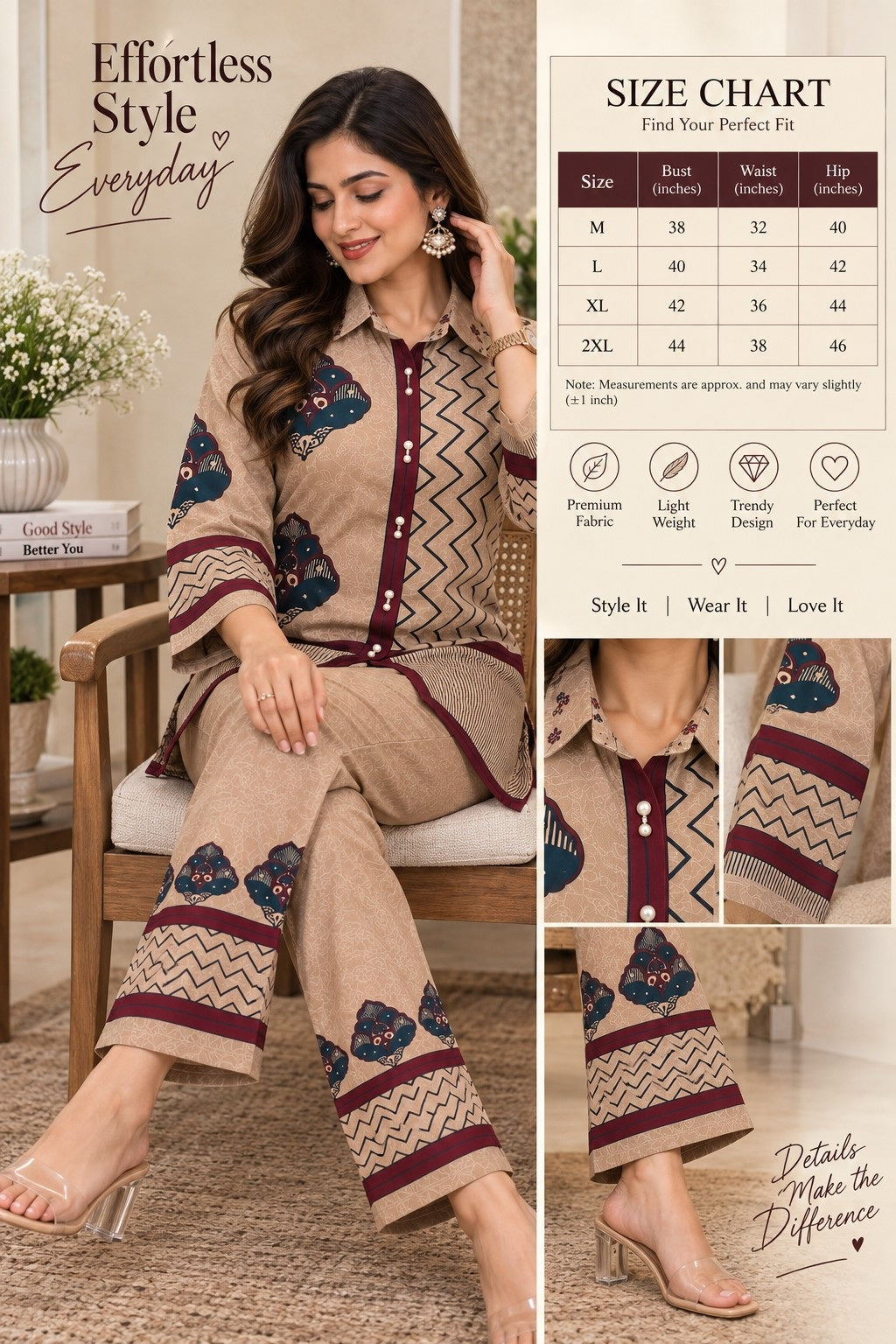 Beige ethnic kurta pant set with floral geometric print and maroon detailing
