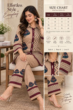Beige ethnic kurta pant set with floral geometric print and maroon detailing