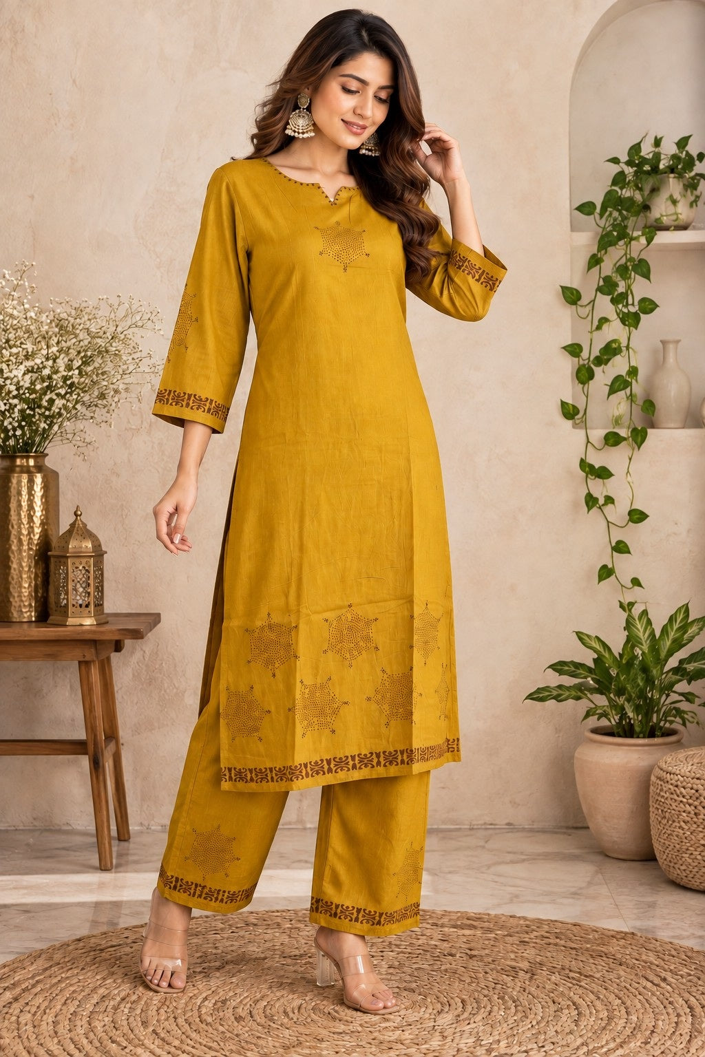 Mustard yellow printed kurta pant set with traditional geometric motifs