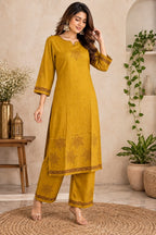 Mustard yellow printed kurta pant set with traditional geometric motifs
