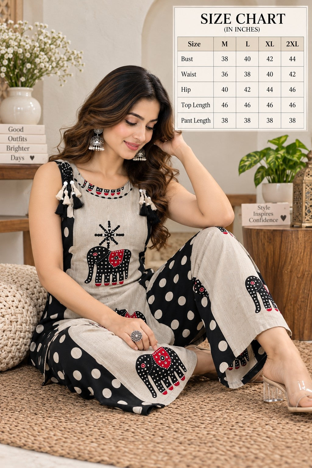 Beige sleeveless kurta with black elephant print and shoulder tassel detailing