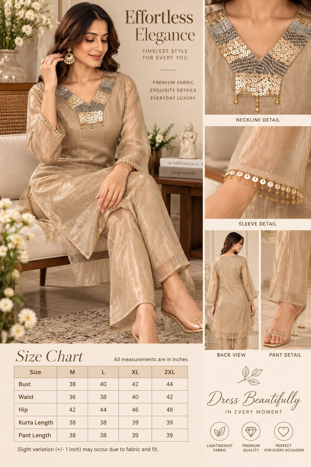 Champagne beige ethnic kurta palazzo set with elegant neckline embellishment