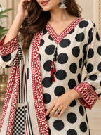 Ivory printed kurta pant set with maroon geometric detailing