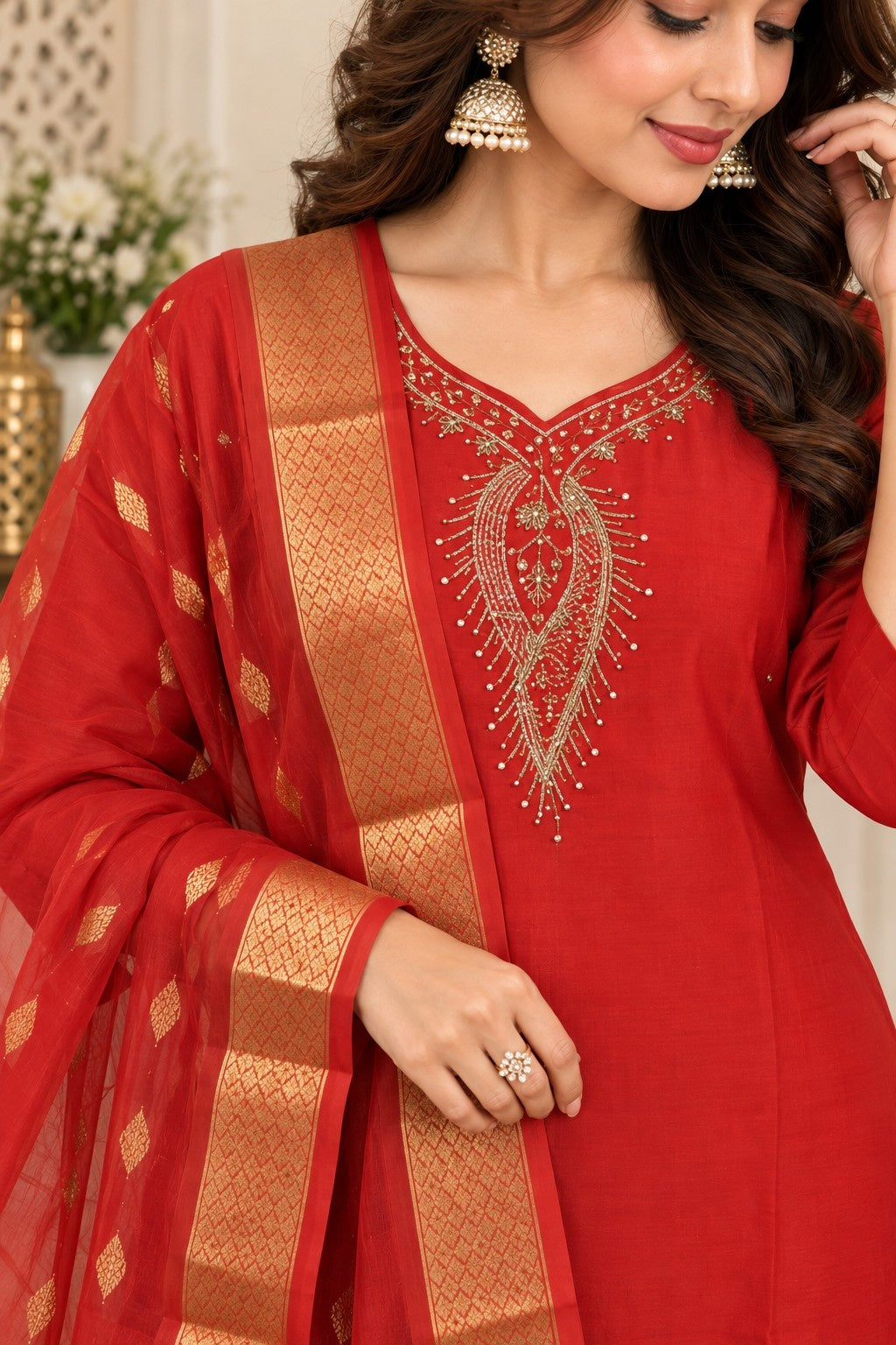 Red ethnic kurta with heavy golden embroidered V-neck and pearl detailing