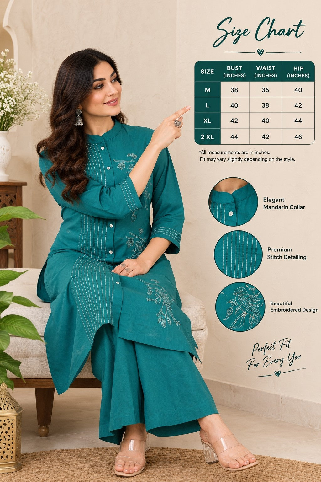 Teal green kurta with matching wide-leg pants and button-down front