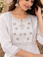 White straight kurta with floral embroidery and embroidered sleeve borders