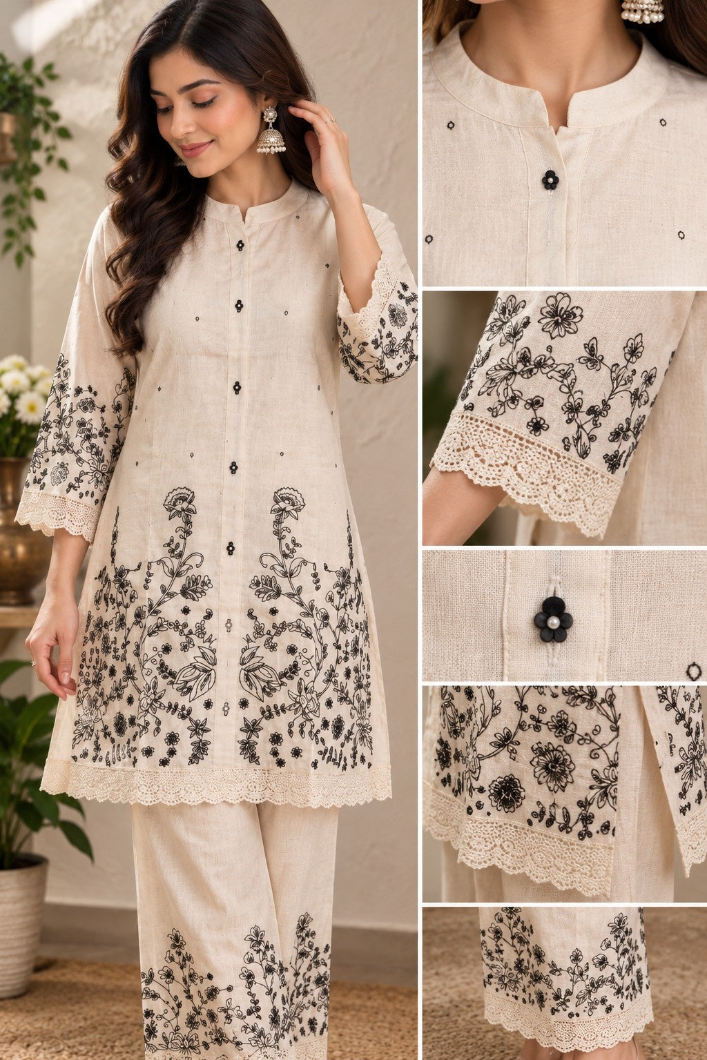 Ivory floral printed kurta with matching straight-fit pants and lace borders