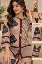 Beige printed kurta with maroon geometric borders and shirt collar