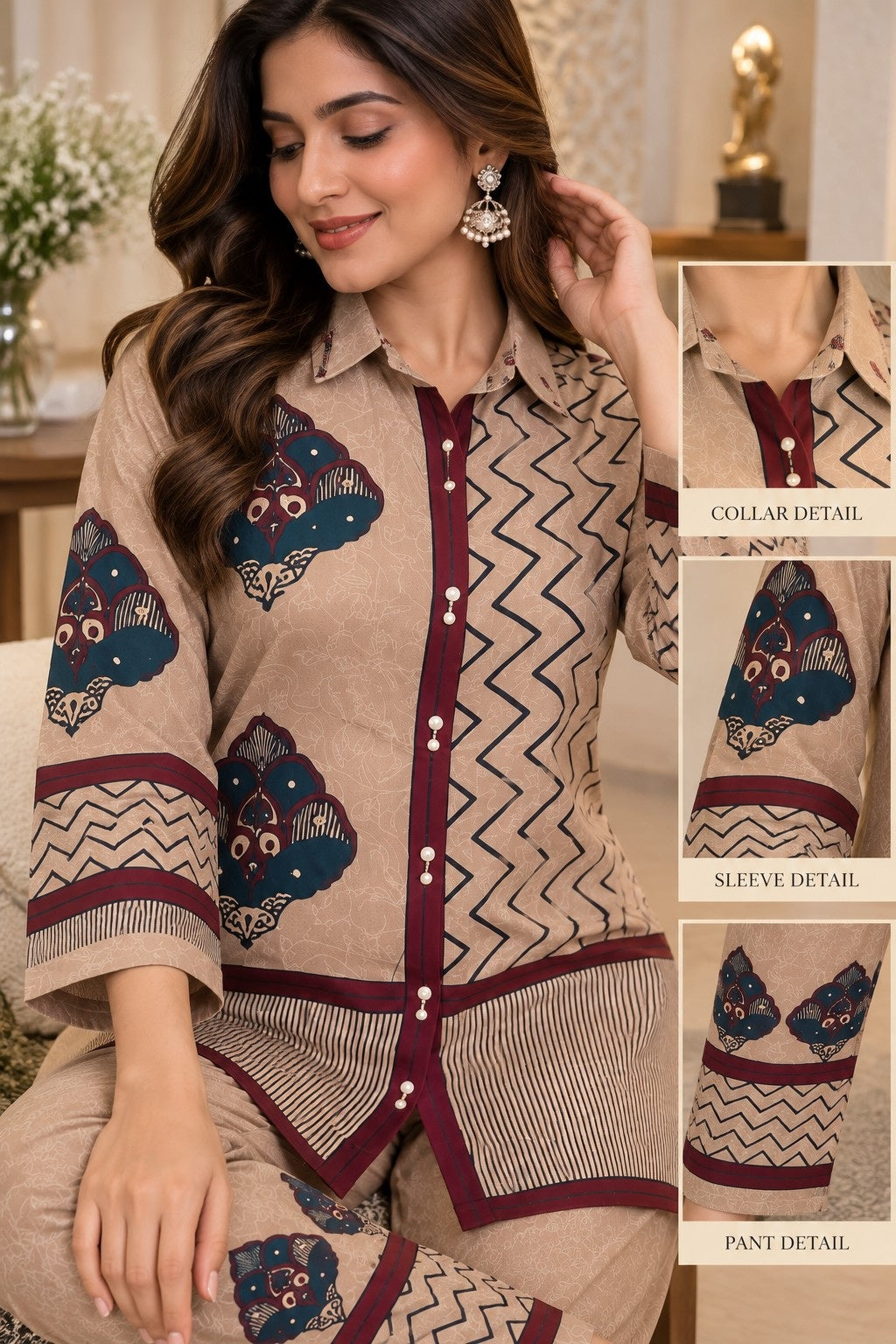 Beige printed kurta with maroon geometric borders and shirt collar