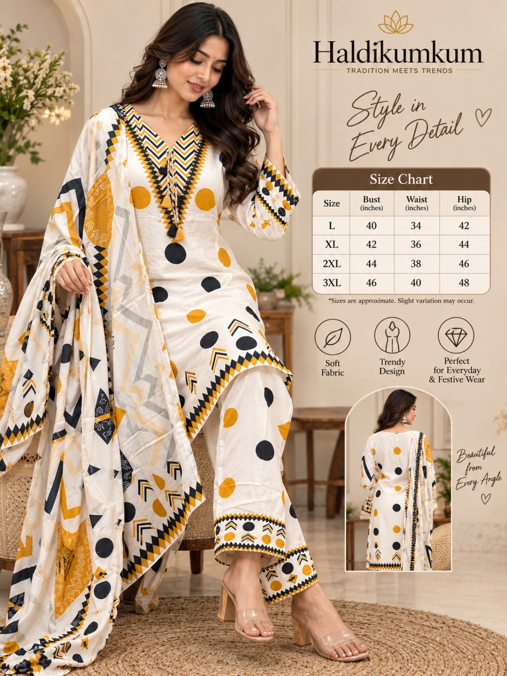 Off-white printed kurta with mustard and black geometric detailing