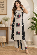 Beige and black ethnic kurta pant set with traditional elephant print