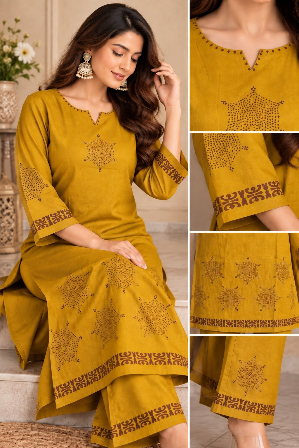 Mustard yellow straight kurta with geometric print and notched neckline