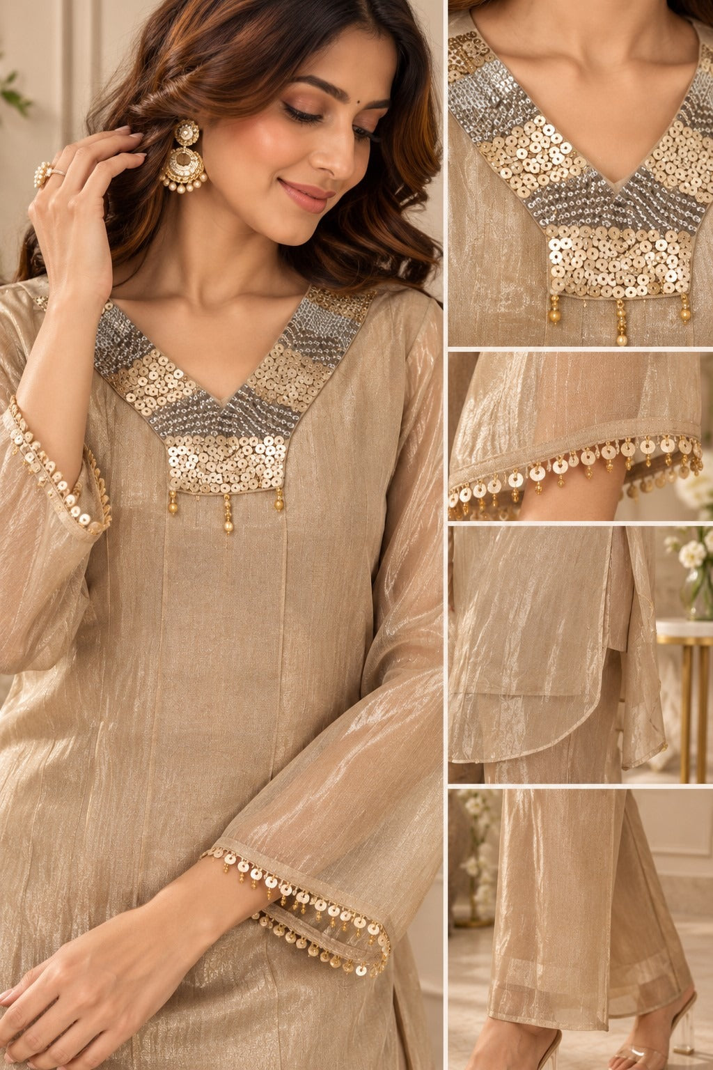 Beige embellished kurta with matching wide-leg palazzo pants