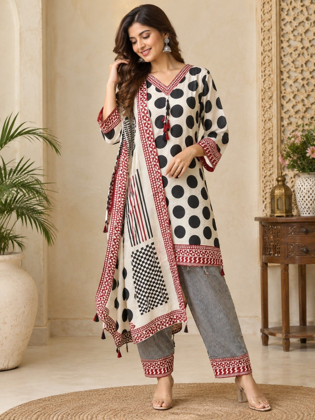 Ivory printed 3-piece kurta pant dupatta set with maroon border